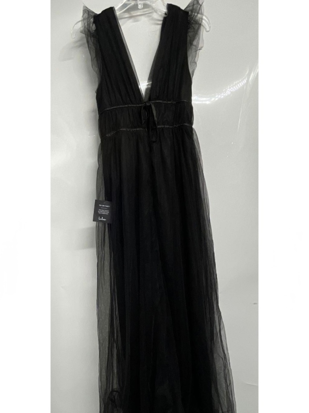 Lulu’s “I’m Yours” Black Tulle Ruffled Plunge Maxi Dress, Small